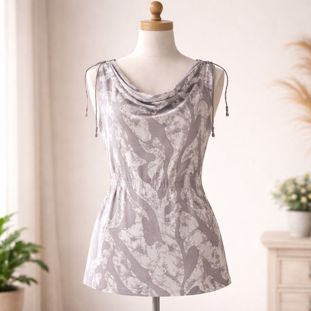 Modern Boho Abstract Print Cowl Neck Adjustable Tie‎ Waist Top